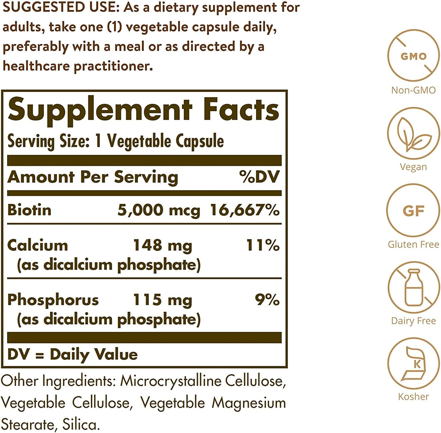 Solgar Biotin 5000 mcg Capsules - Promotes Healthy Skin, Nails & Hair Growth - Boosts Energy & Metabolism - Vitamin B7 Supplement - Non-GMO, Vegan, Gluten-Free - 180 Count Bottle