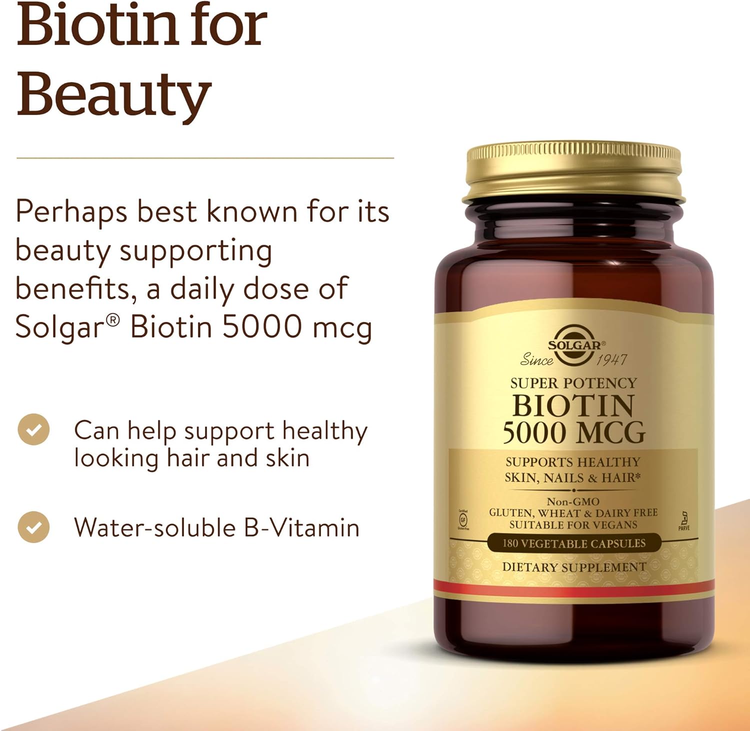 Solgar Biotin 5000 mcg Capsules - Promotes Healthy Skin, Nails & Hair Growth - Boosts Energy & Metabolism - Vitamin B7 Supplement - Non-GMO, Vegan, Gluten-Free - 180 Count Bottle