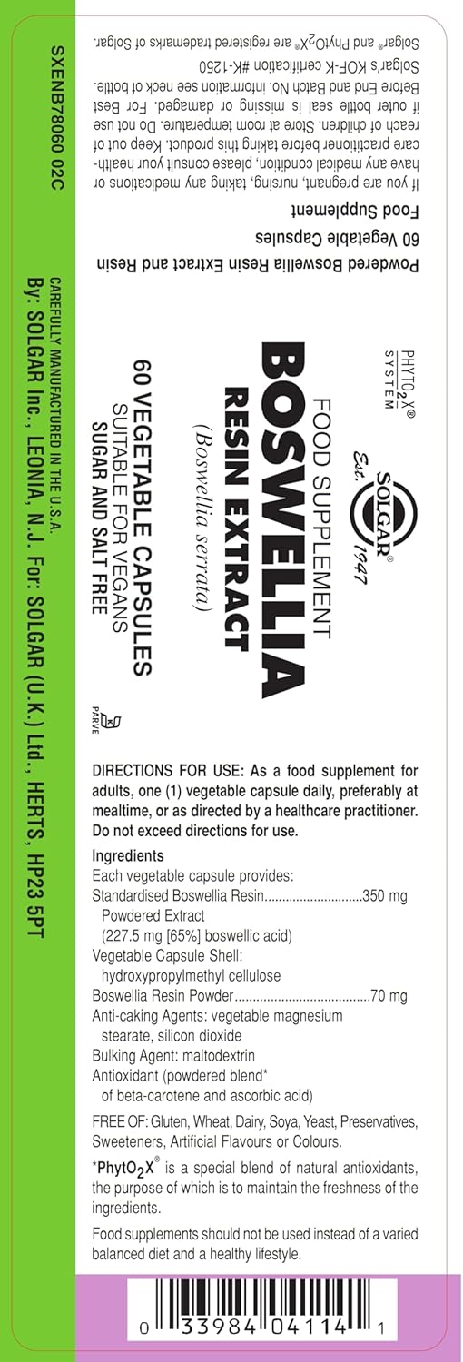 Solgar Boswellia Resin Extract Capsules - Joint Comfort & Digestive Health Support - Full Potency Formula - Non-GMO, Vegan, Gluten Free - 60 Servings
