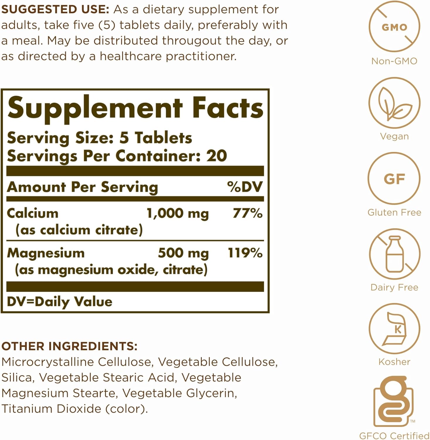 Solgar Calcium Magnesium Citrate Tablets - 100 Tablets x 2 Packs - Non-GMO, Vegan, Gluten Free, Kosher - 40 Servings