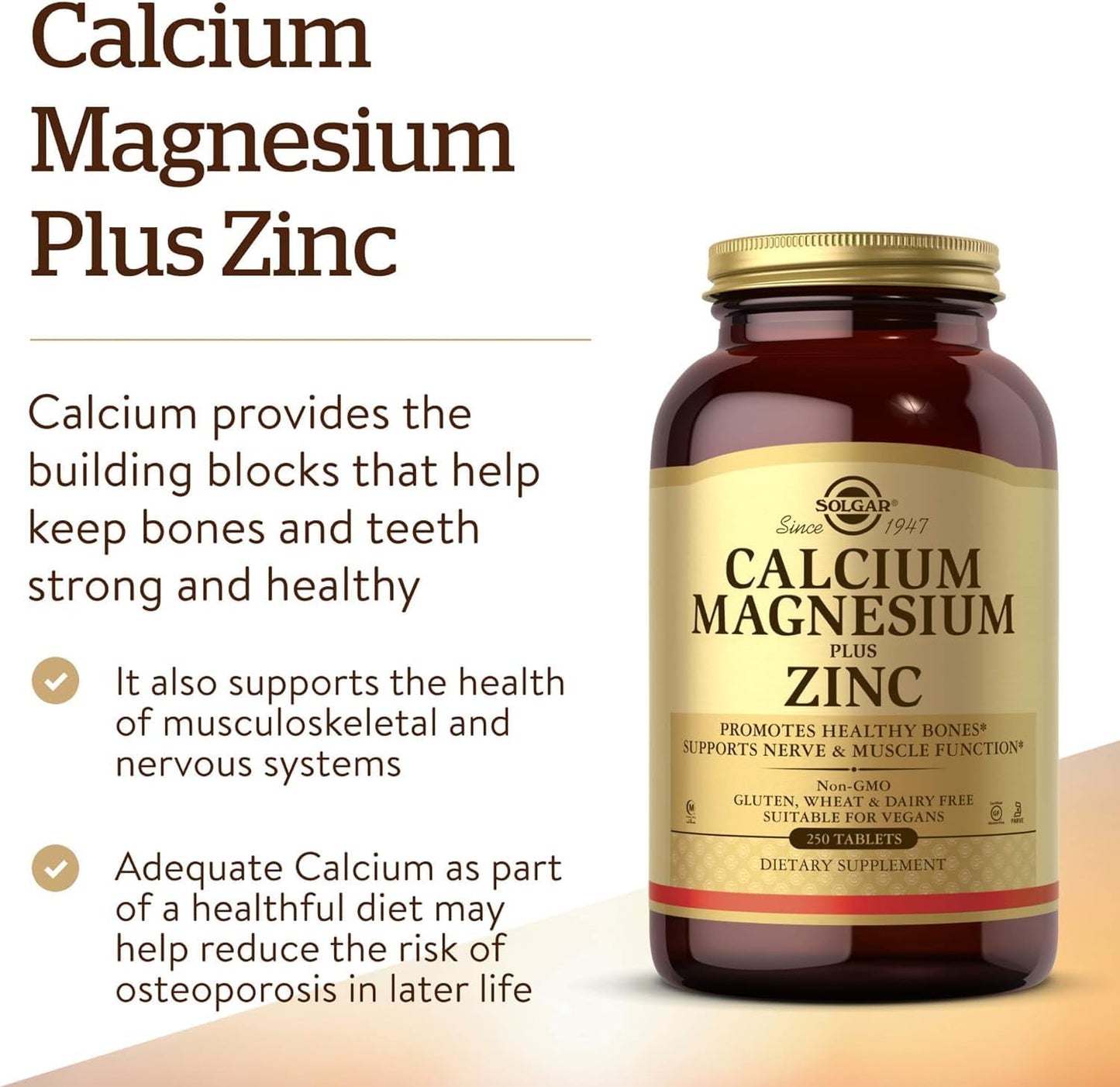 Solgar Calcium Magnesium Zinc Tablets - Supports Bone & Tooth Health - Nerve & Muscle Function - Non GMO, Vegan, Gluten & Dairy Free