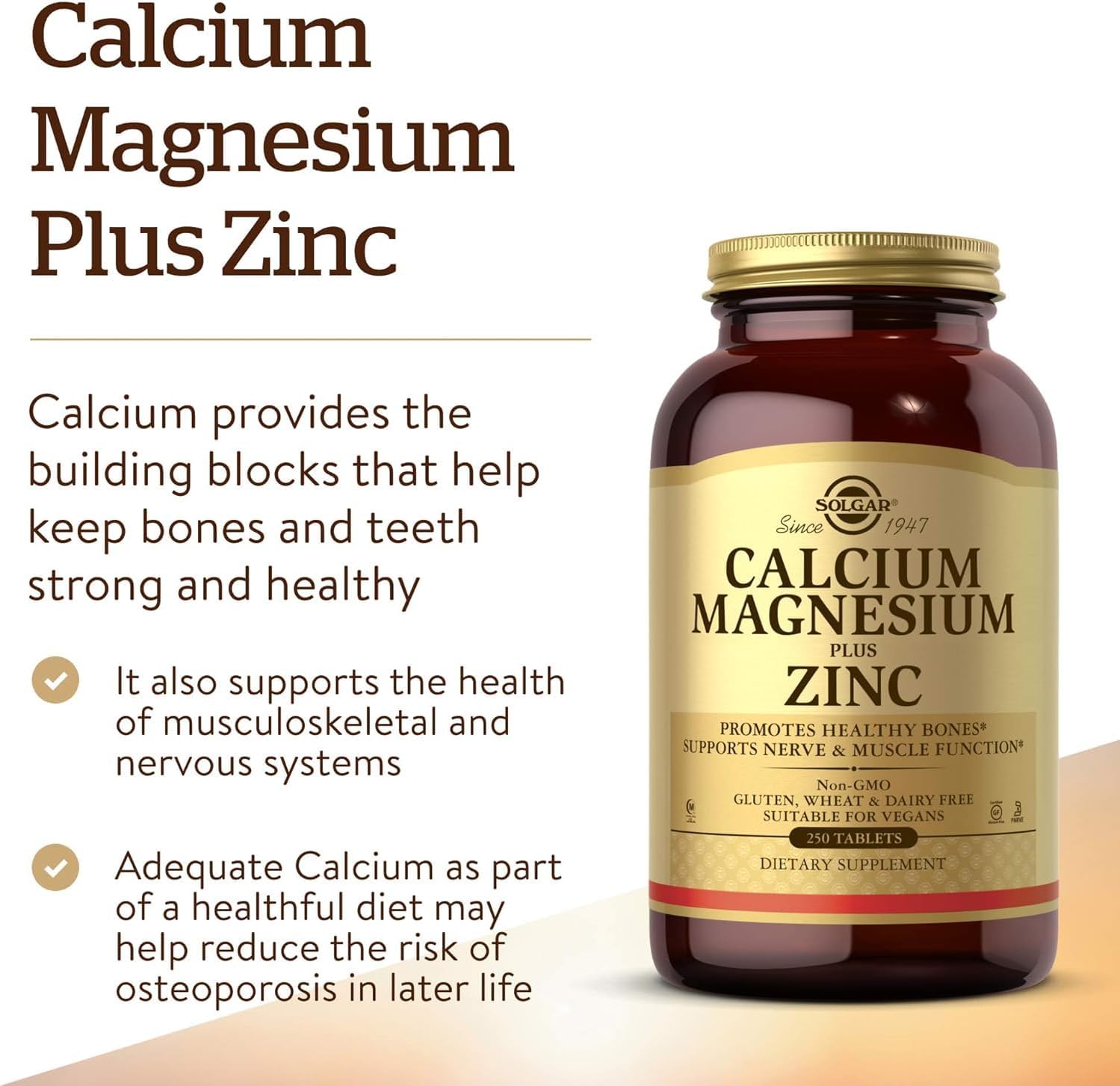 Solgar Calcium Magnesium Zinc Tablets - Supports Bone & Tooth Health - Nerve & Muscle Function - Non GMO, Vegan, Gluten & Dairy Free