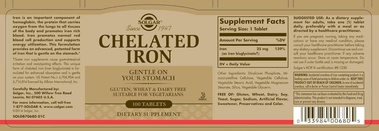 Solgar Chelated Iron Tablets - 100 Count, High Absorption Iron Supplement for Energy Support