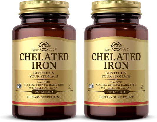 Solgar Chelated Iron Tablets 100 Count - 2 Pack for Promoting Red Blood Cell Production and Healthy Energy