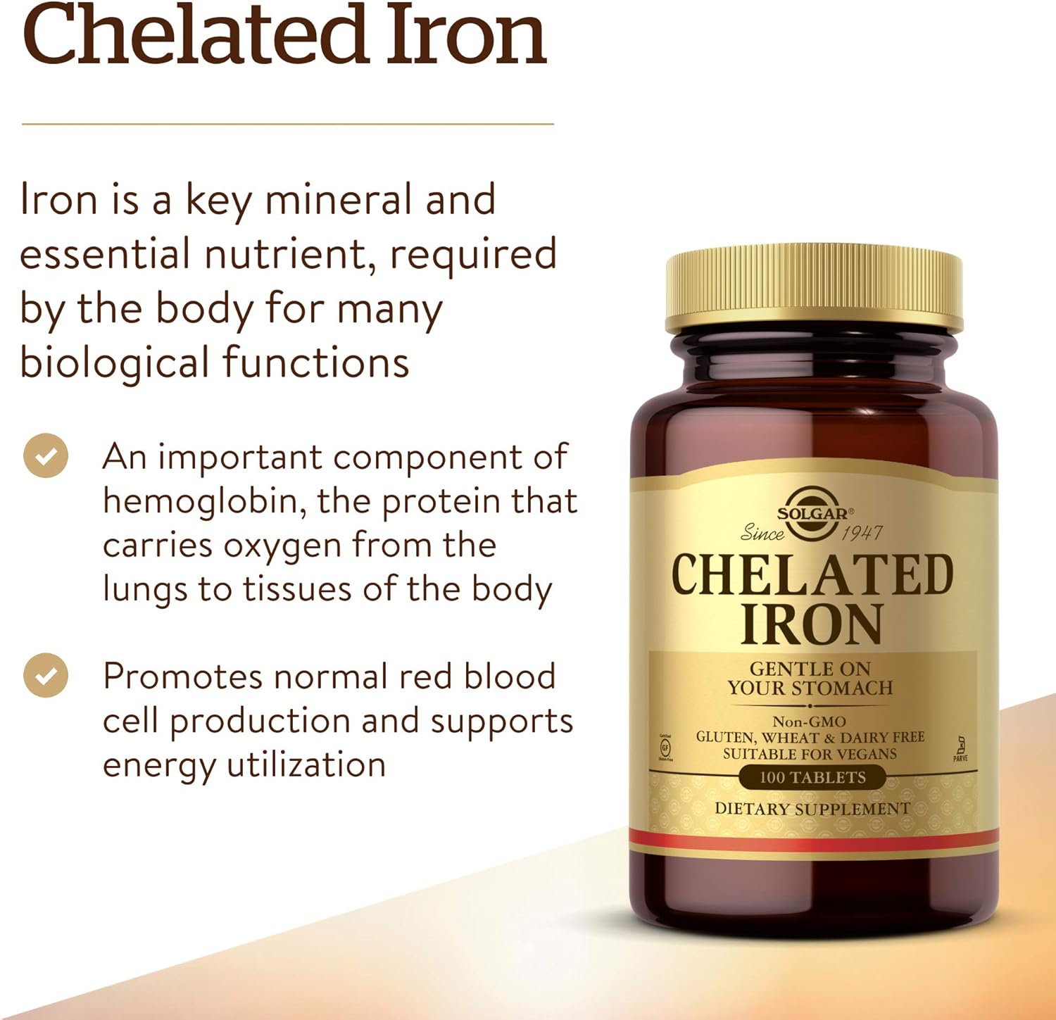 Solgar Chelated Iron Tablets 100 Count - 2 Pack for Promoting Red Blood Cell Production and Healthy Energy
