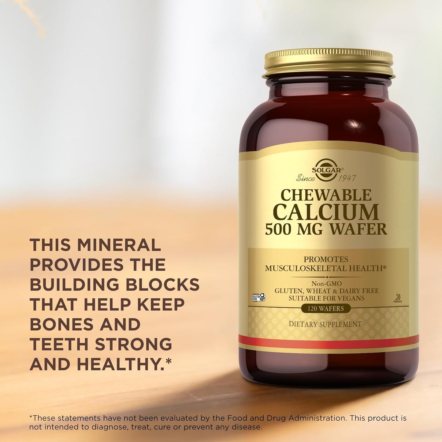Solgar Chewable Calcium Wafers 500 mg - 120 Count - Supports Musculoskeletal Health - Non-GMO, Vegan, Gluten & Dairy Free