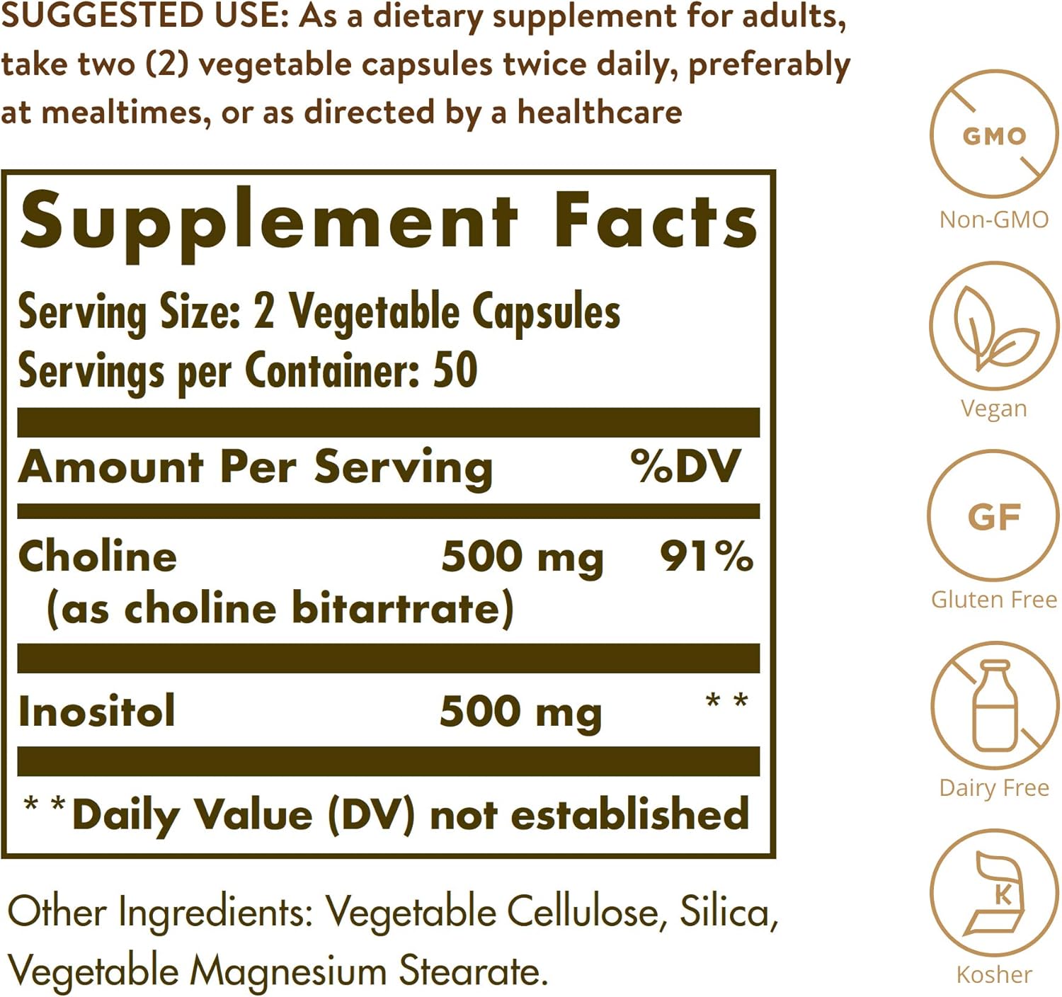 Solgar Choline Inositol 500mg Capsules - 100 Veg Caps, Pack of 2 - Non-GMO, Vegan, Kosher, Gluten Free, Dairy Free - 100 Servings