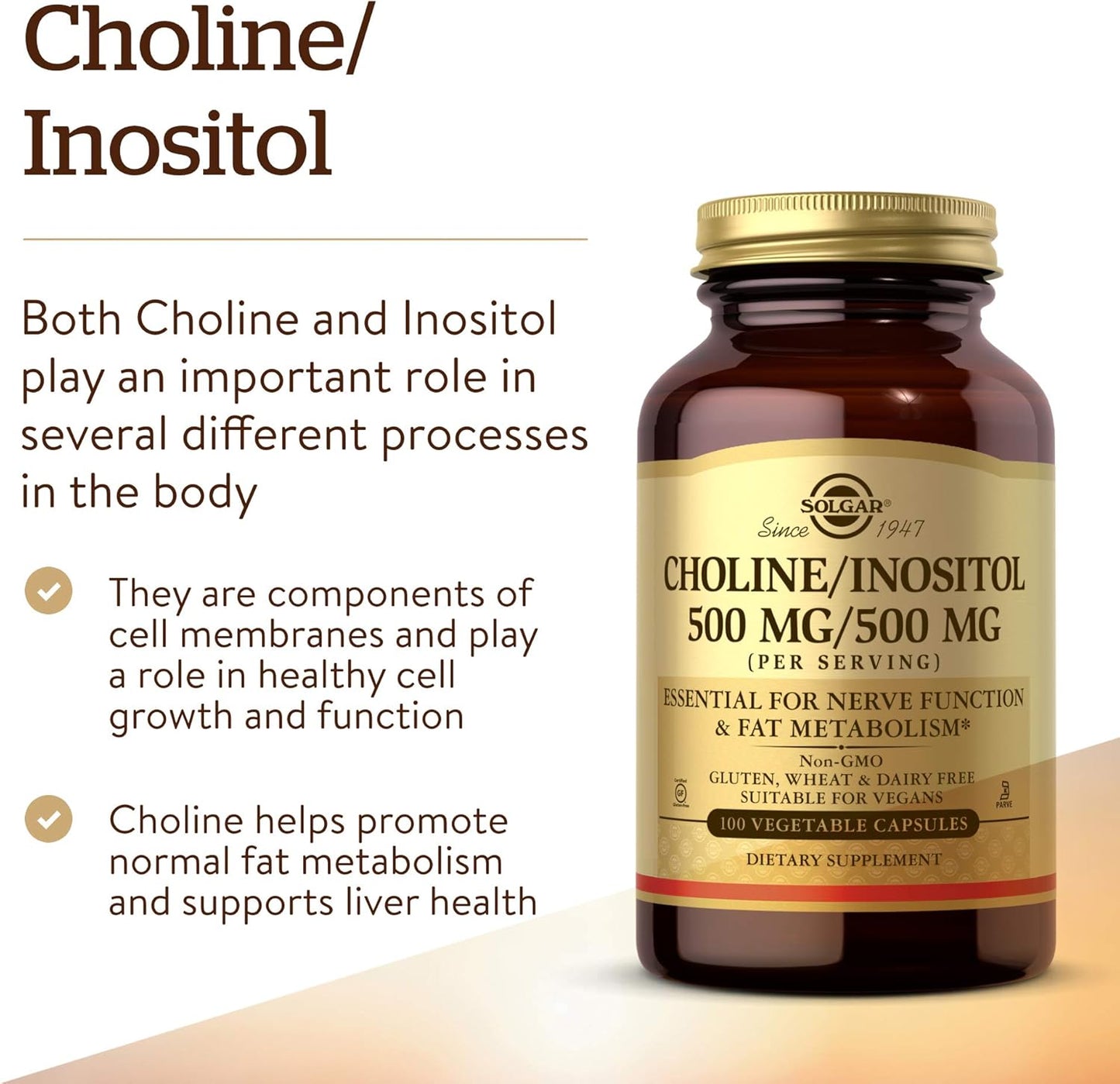 Solgar Choline Inositol 500mg Capsules - 100 Veg Caps, Pack of 2 - Non-GMO, Vegan, Kosher, Gluten Free, Dairy Free - 100 Servings