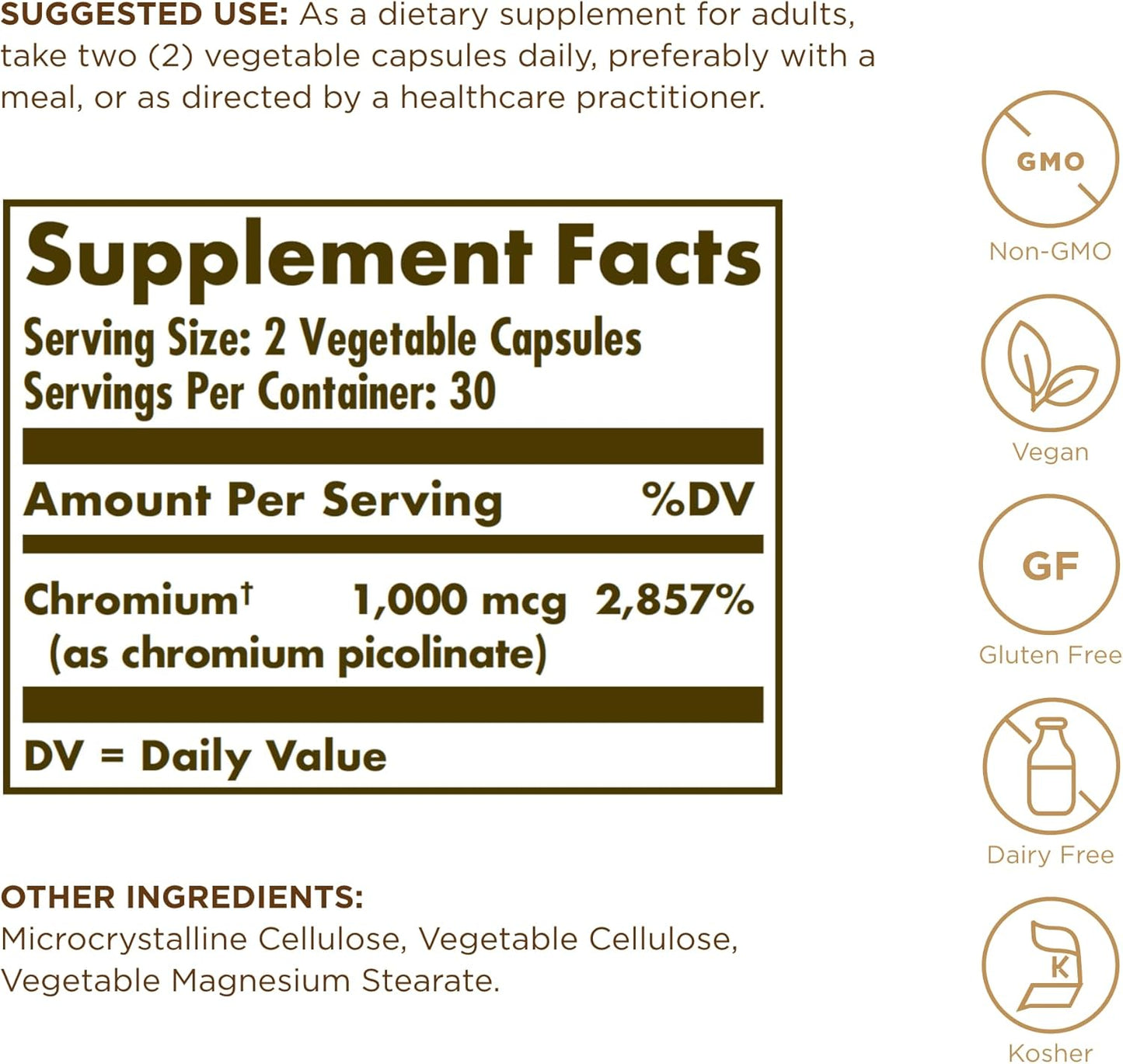 Solgar Chromium Picolinate 500 mcg Capsules - Supports Metabolism of Sugar, Fat & Protein - Non-GMO, Gluten Free, Kosher - 60 Veg Caps