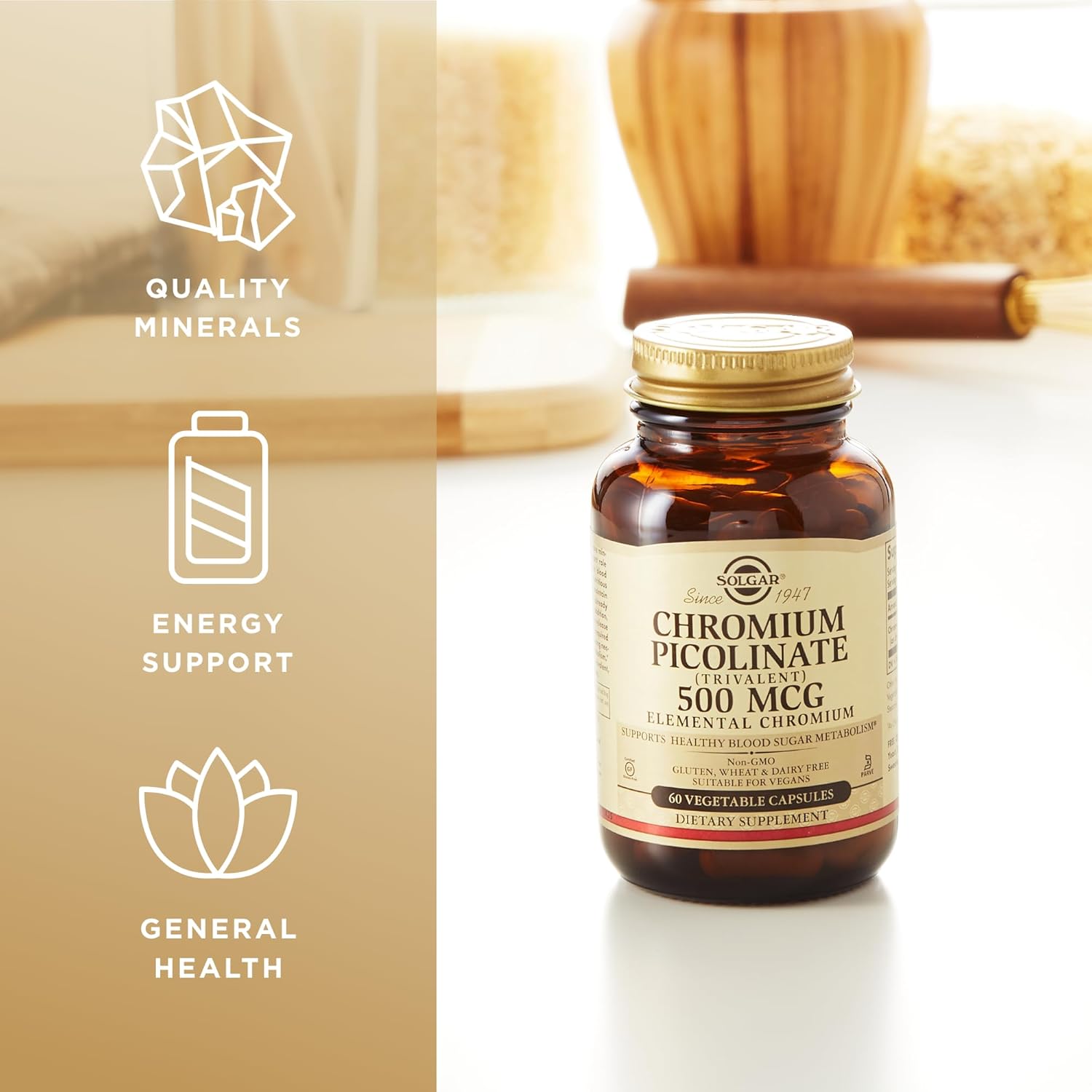 Solgar Chromium Picolinate 500 mcg Capsules - Supports Metabolism of Sugar, Fat & Protein - Non-GMO, Gluten Free, Kosher - 60 Veg Caps