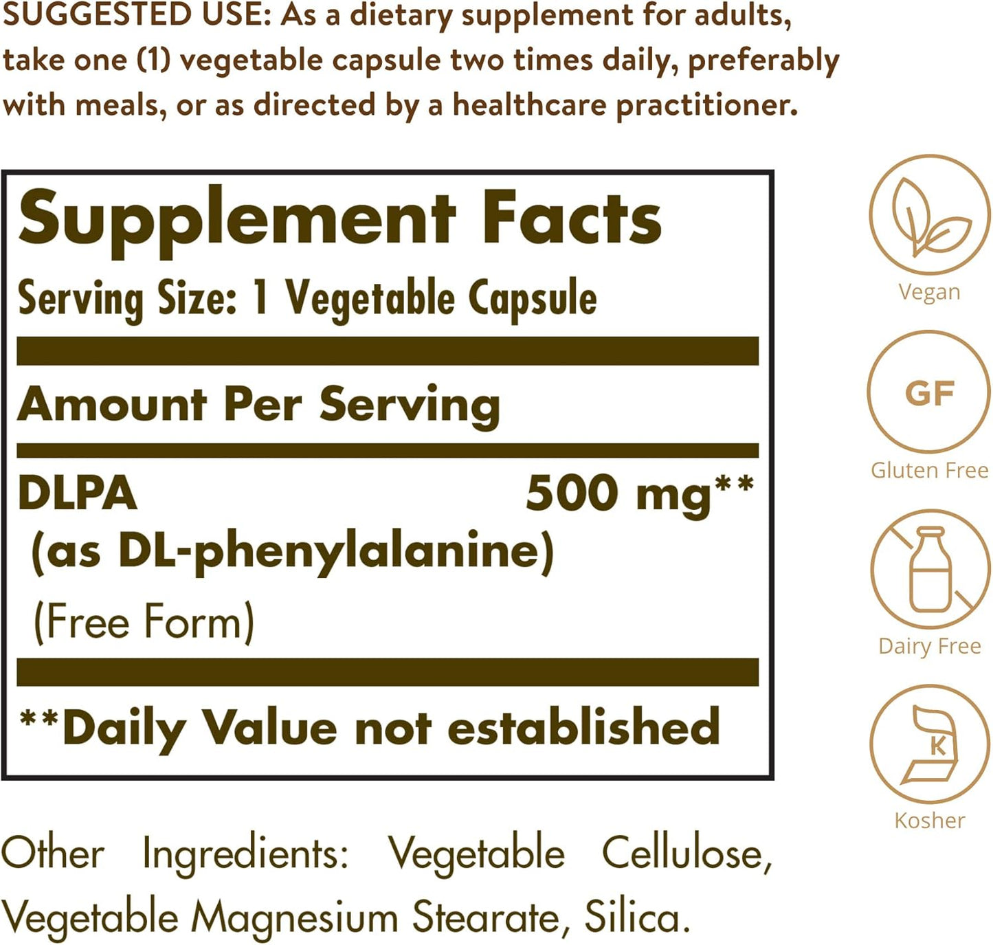 Solgar DLPA 500 mg Capsules - Free Form DL-Phenylalanine for Central Nervous System Support - Vegan, Gluten Free, Dairy Free, Kosher - 100 Servings