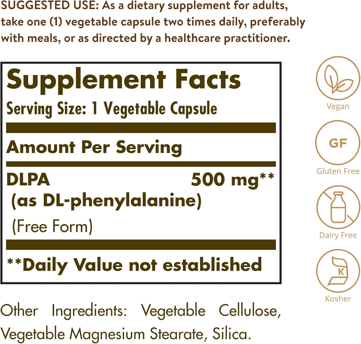 Solgar DLPA 500 mg Capsules - Free Form DL-Phenylalanine for Central Nervous System Support - Vegan, Gluten Free, Dairy Free, Kosher - 100 Servings