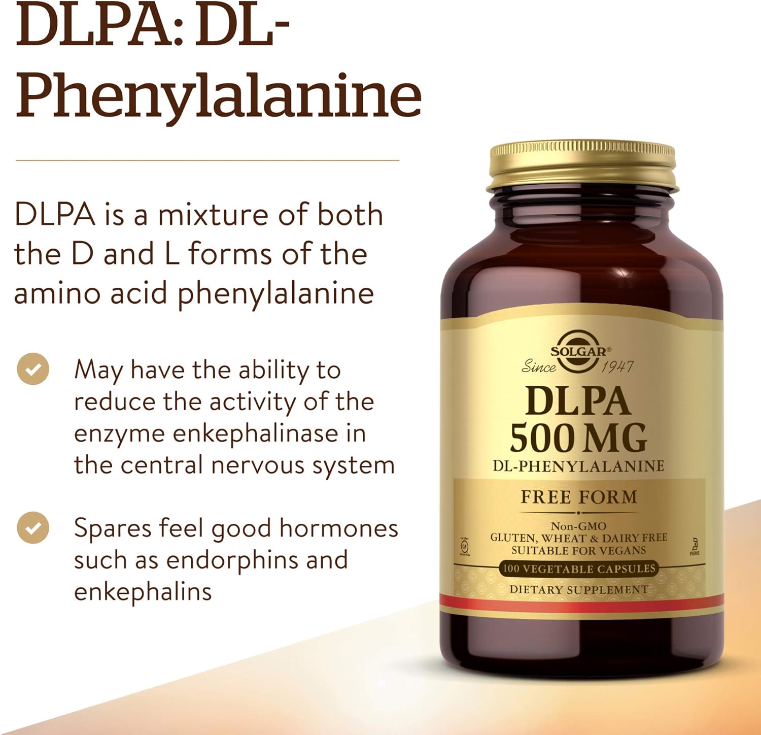 Solgar DLPA 500 mg Capsules - Free Form DL-Phenylalanine for Central Nervous System Support - Vegan, Gluten Free, Dairy Free, Kosher - 100 Servings