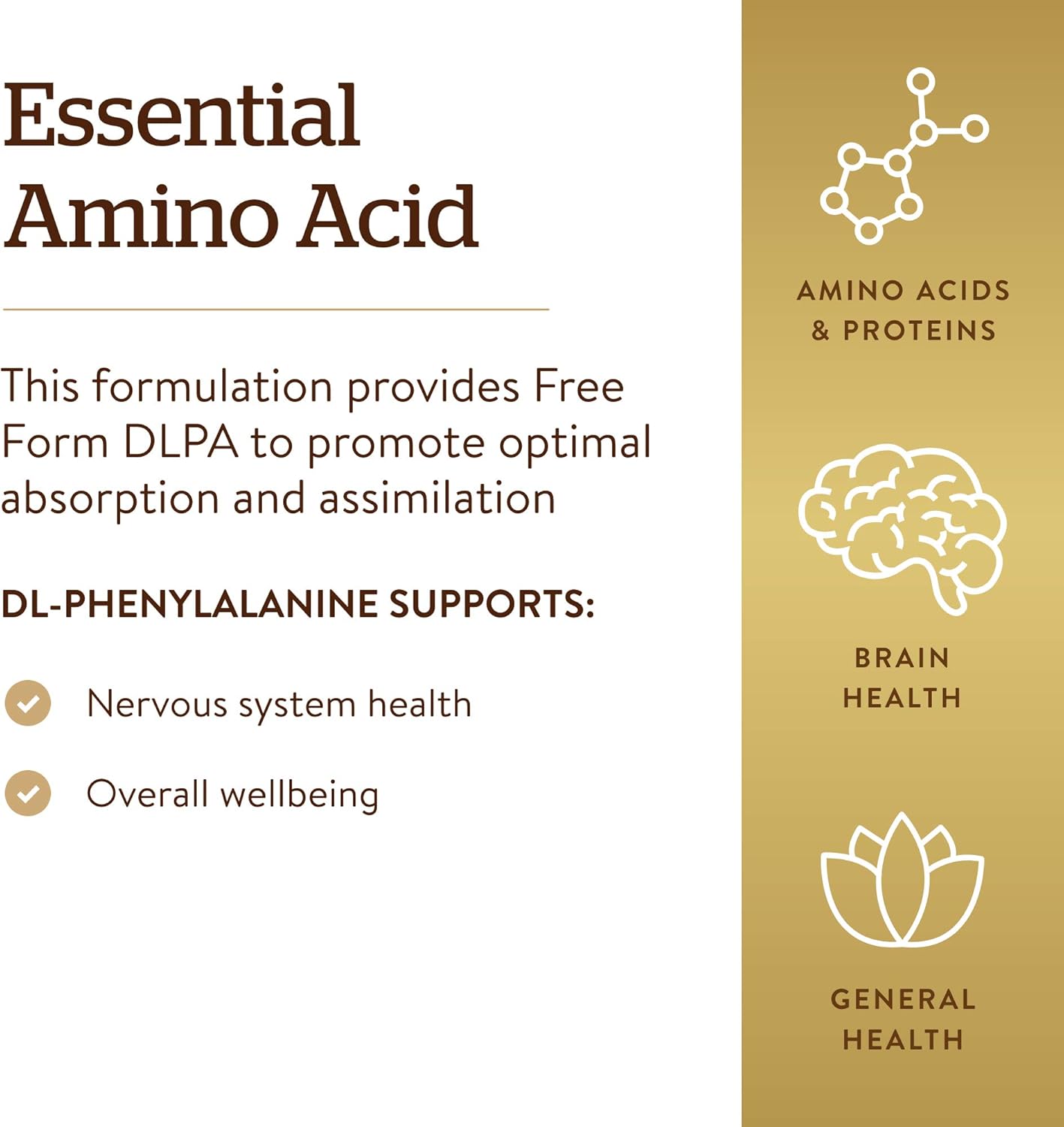 Solgar DLPA 500 mg Capsules - Free Form DL-Phenylalanine for Central Nervous System Support - Vegan, Gluten Free, Dairy Free, Kosher - 100 Servings