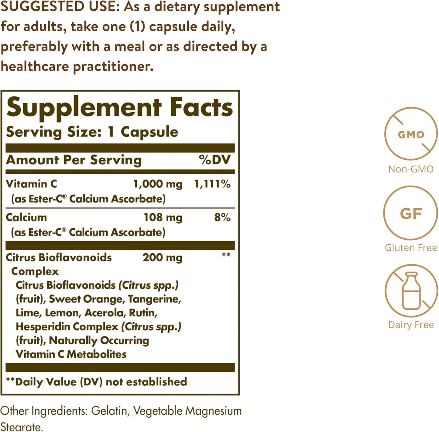Solgar Ester-C Plus 1000 mg Vitamin C Capsules with Citrus Bioflavonoids - Gentle & Non Acidic Immune Support - 24-Hour Upper Respiratory Health - Non-GMO, Gluten Free - 50 Servings