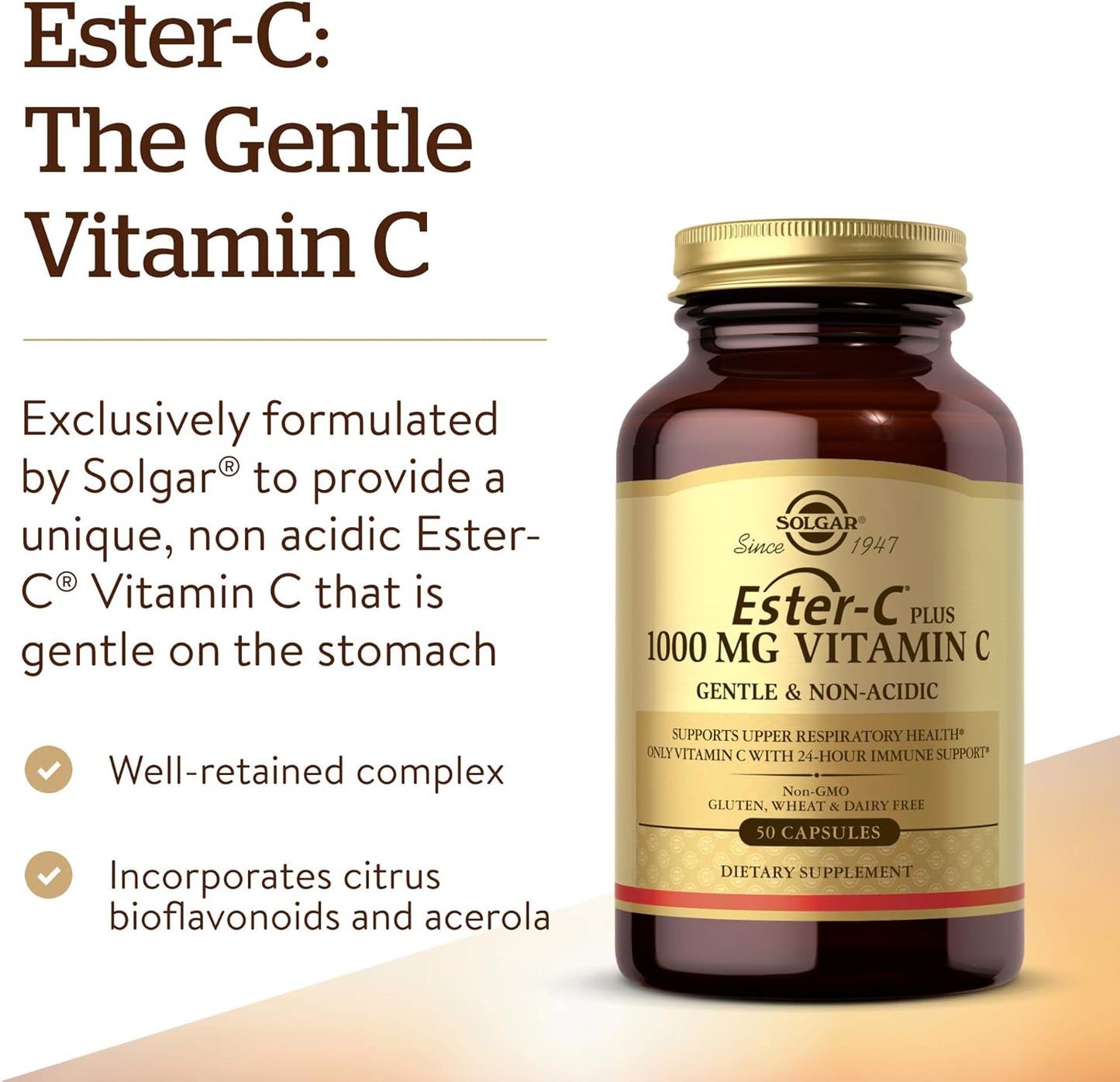 Solgar Ester-C Plus 1000 mg Vitamin C Capsules with Citrus Bioflavonoids - Gentle & Non Acidic Immune Support - 24-Hour Upper Respiratory Health - Non-GMO, Gluten Free - 50 Servings