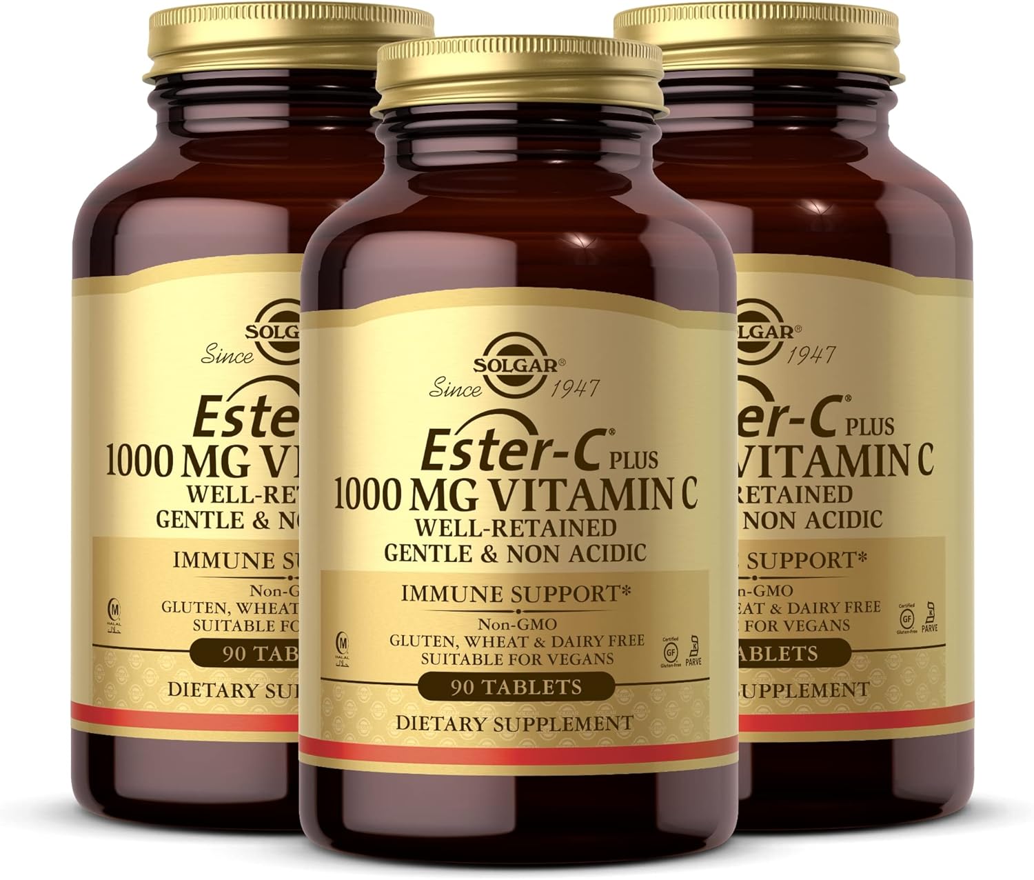 Solgar Ester-C Plus 1000mg Vitamin C 90 Tablets x 3 Packs - Gentle & Non Acidic - Upper Respiratory Health Support - Non-GMO, Gluten Free