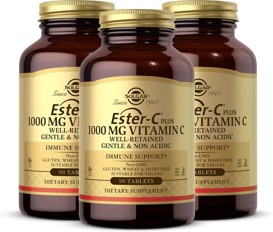 Solgar Ester-C Plus 1000mg Vitamin C 90 Tablets x 3 Packs - Gentle & Non Acidic - Upper Respiratory Health Support - Non-GMO, Gluten Free