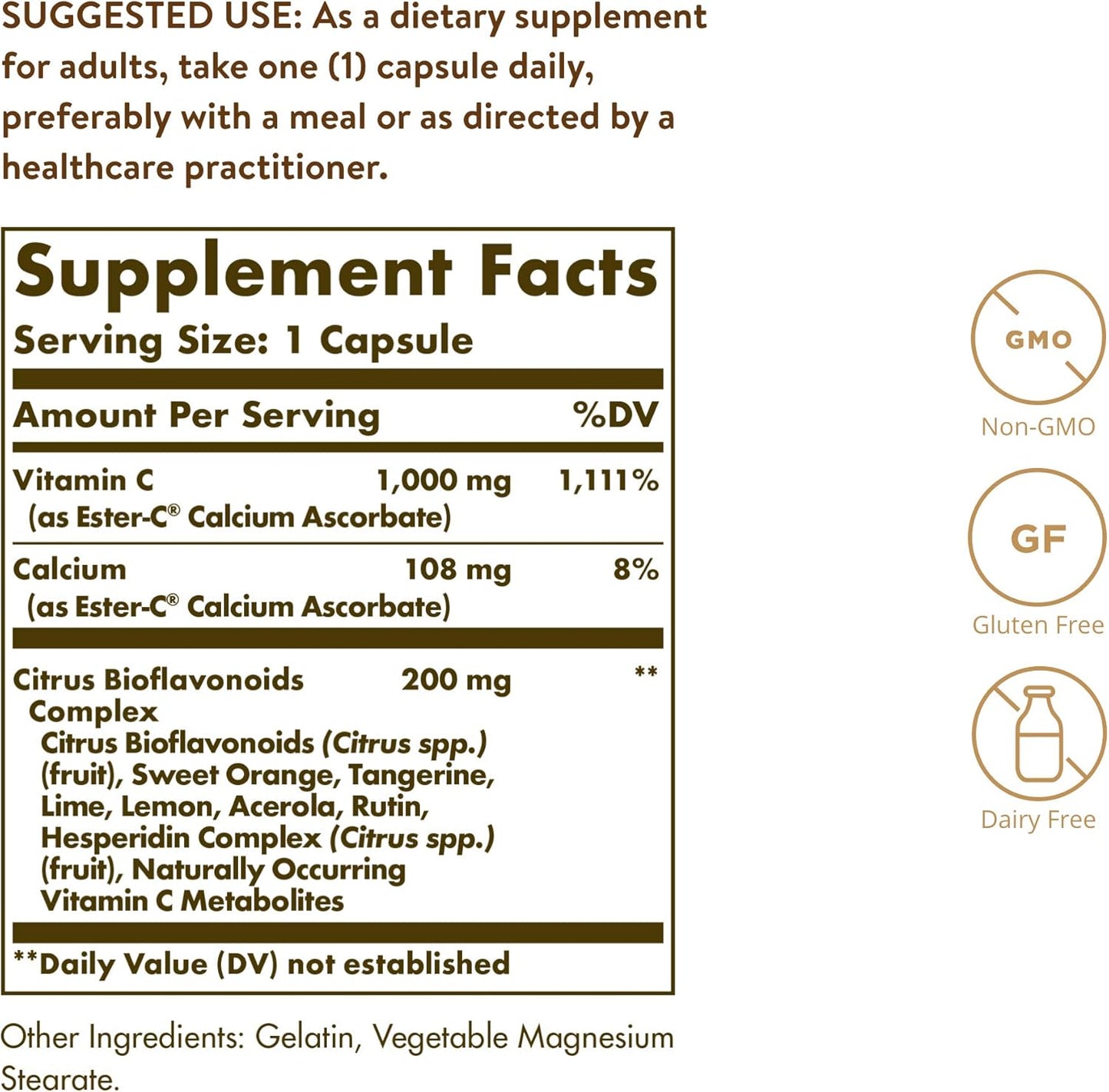 Solgar Ester-C Plus 1000mg Vitamin C Capsules with Citrus Bioflavonoids - Gentle & Non Acidic Immune Support for 24 Hours - Non-GMO, Gluten Free - 100 Servings