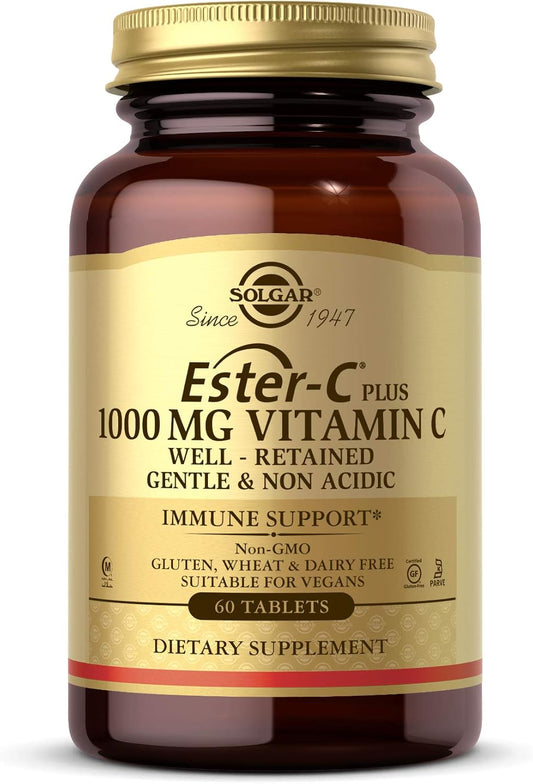 Solgar Ester-C Plus 1000mg Vitamin C Tablets - Gentle & Non-Acidic Antioxidant Support - Immune System Boost - Non-GMO, Vegan, Gluten Free - 60 Servings