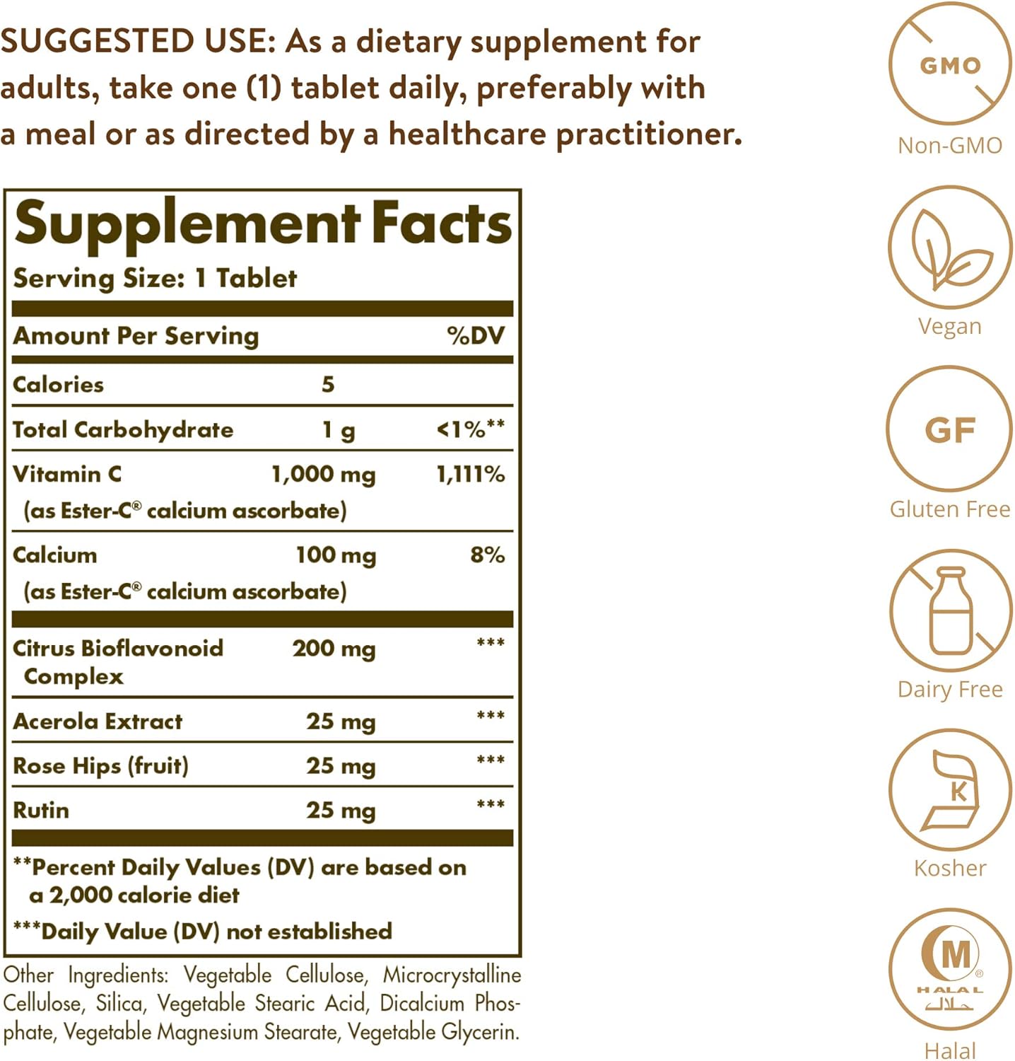 Solgar Ester-C Plus 1000mg Vitamin C Tablets - Gentle & Non-Acidic Antioxidant Support - Immune System Boost - Non-GMO, Vegan, Gluten Free - 60 Servings