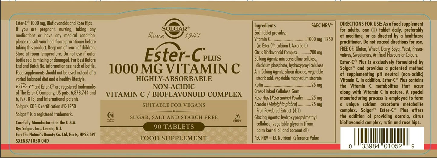 Solgar Ester-C Plus 1000mg Vitamin C Tablets - Non-Acidic Antioxidant & Immune System Support - Gentle On Stomach - Vegan, Non GMO - 90 Servings