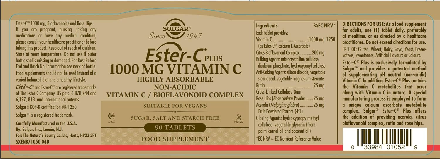 Solgar Ester-C Plus 1000mg Vitamin C Tablets - Non-Acidic Antioxidant & Immune System Support - Gentle On Stomach - Vegan, Non GMO - 90 Servings