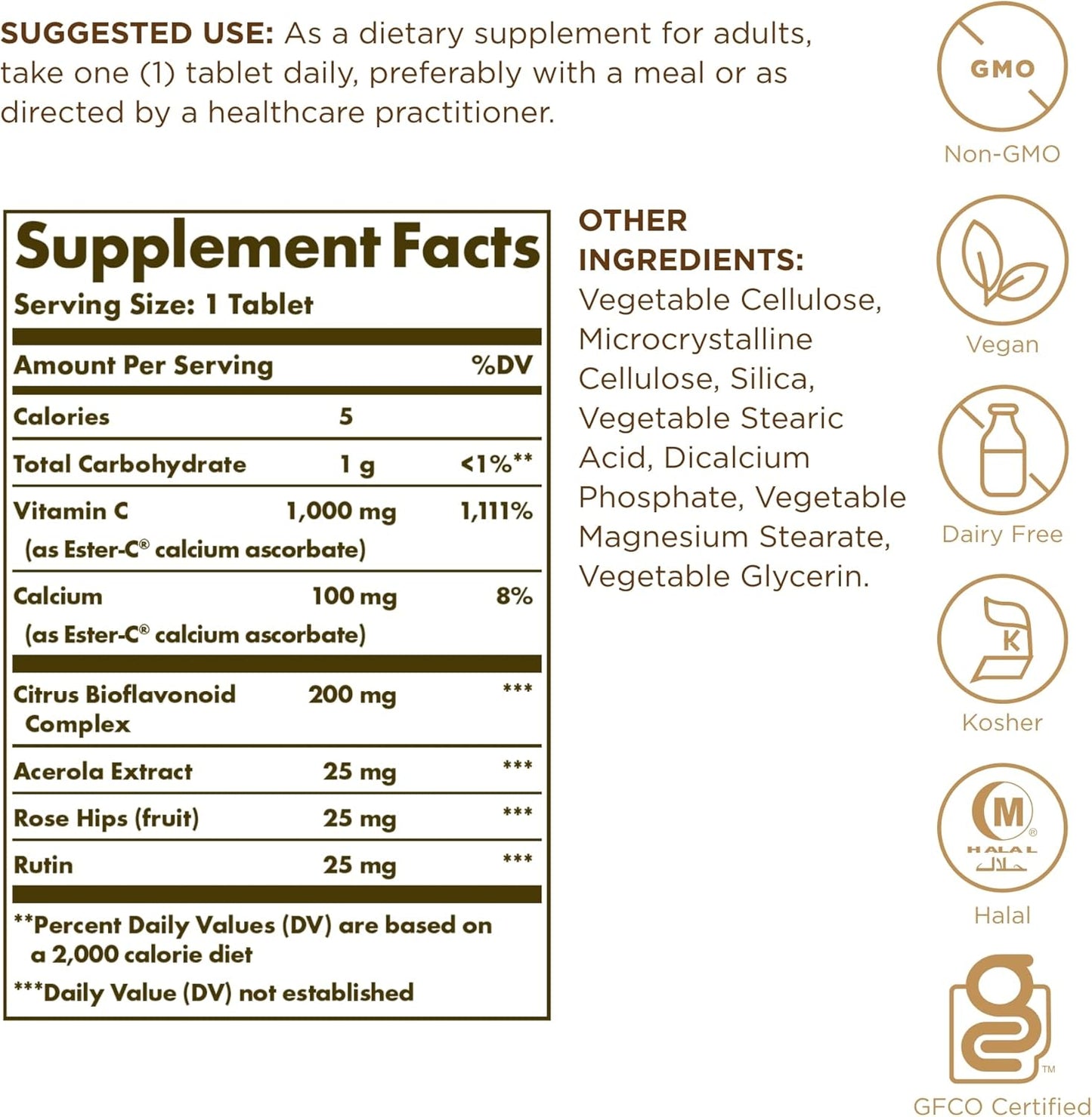 Solgar Ester-C Plus 1000mg Vitamin C Tablets - Pack of 360 - Non-Acidic & Gentle Formula for Respiratory Health - Non-GMO & Gluten-Free