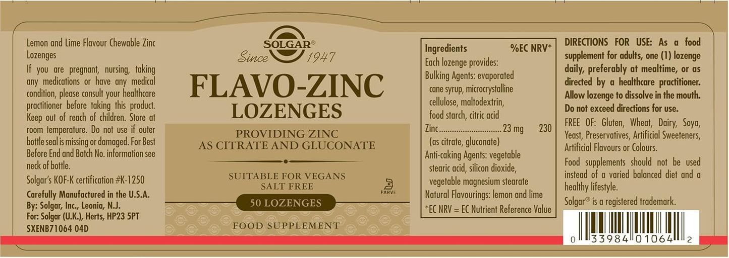 Solgar Flavo-Zinc Lozenge, 50 Count - Lemon Lime Flavor - Antioxidant for Immune System - Fast-Dissolving & Highly Absorbable - Vegan, Gluten-Free, Dairy-Free, Kosher - 50 Servings