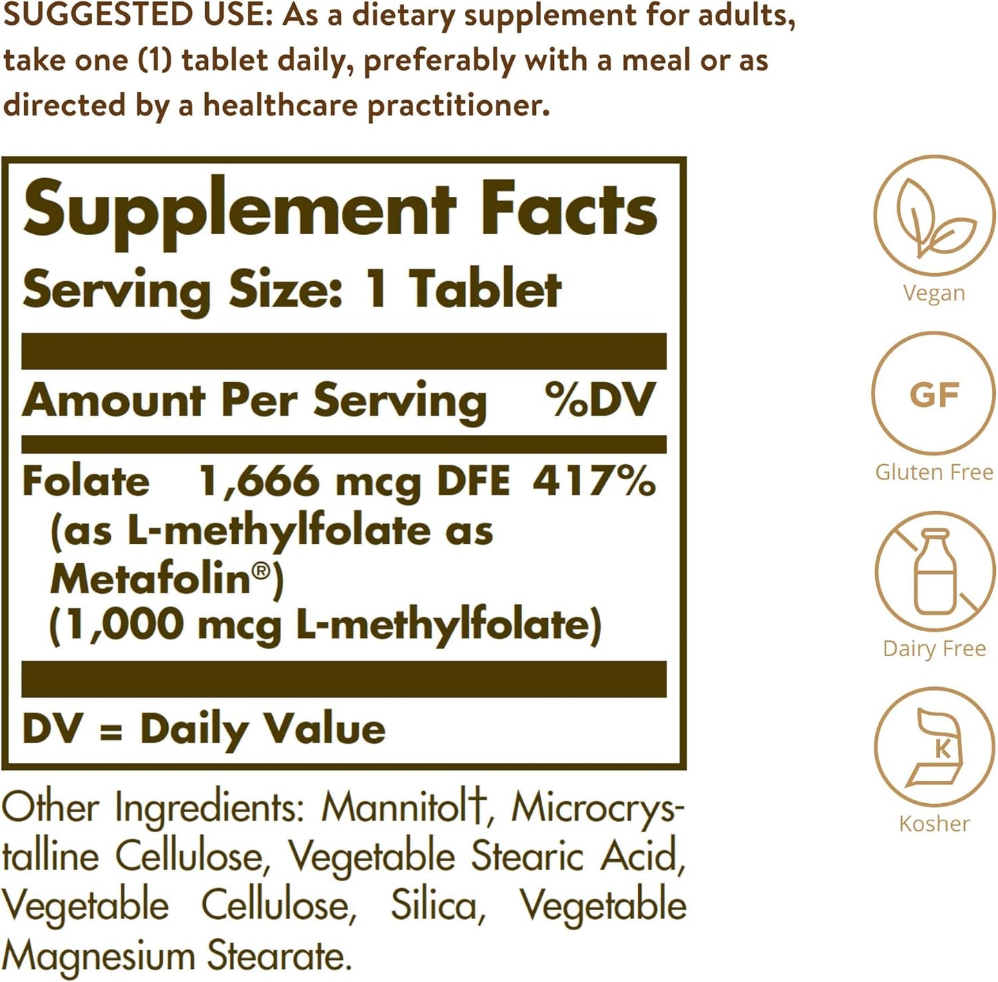 Solgar Folate 1000 mcg DFE Tablets 2-Pack - 1666 mcg Metafolin - Heart Health - Vegan, Gluten Free, Dairy Free - 240 Servings