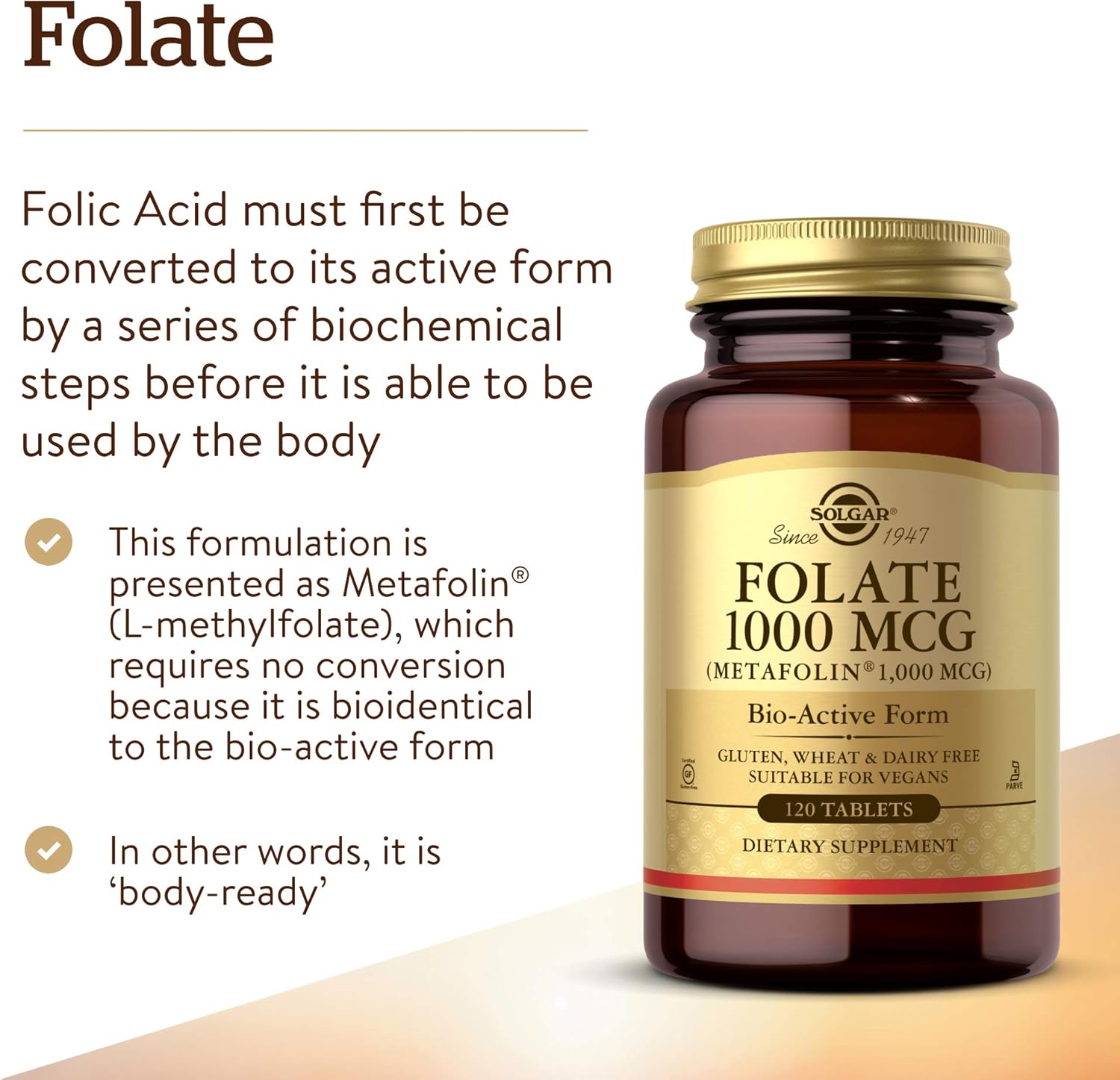 Solgar Folate 1000 mcg DFE Tablets 2-Pack - 1666 mcg Metafolin - Heart Health - Vegan, Gluten Free, Dairy Free - 240 Servings