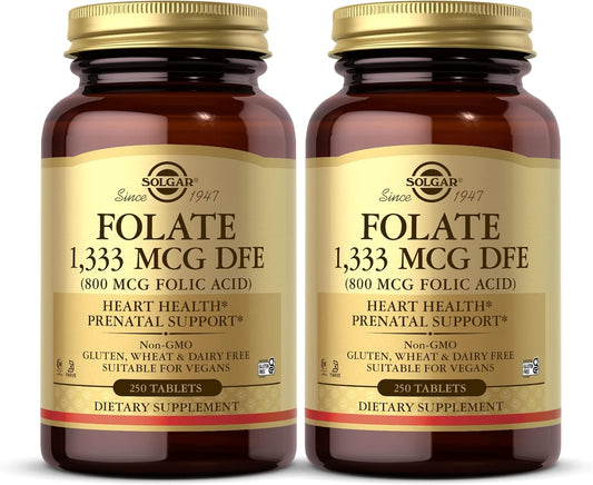 Solgar Folate 1,333 mcg DFE (800 mcg Folic Acid) Tablets - 500 Servings - Heart Health, Prenatal Support - Vegan, Gluten Free, Kosher