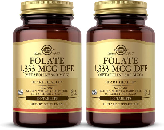 Solgar Folate 1,333 mcg DFE (Metafolin 800 mcg) - 100 Tablets x 2 - Prenatal Vitamin - Non-GMO, Gluten Free, Dairy Free, Kosher - 200 Servings