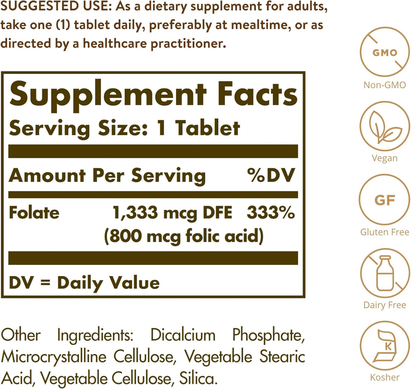 Solgar Folate 1,333 mcg DFE Tablets with 800 mcg Bio-Active Metafolin - Heart Health Support - Non-GMO, Vegan, Gluten Free, Dairy Free, Kosher - 100 Servings