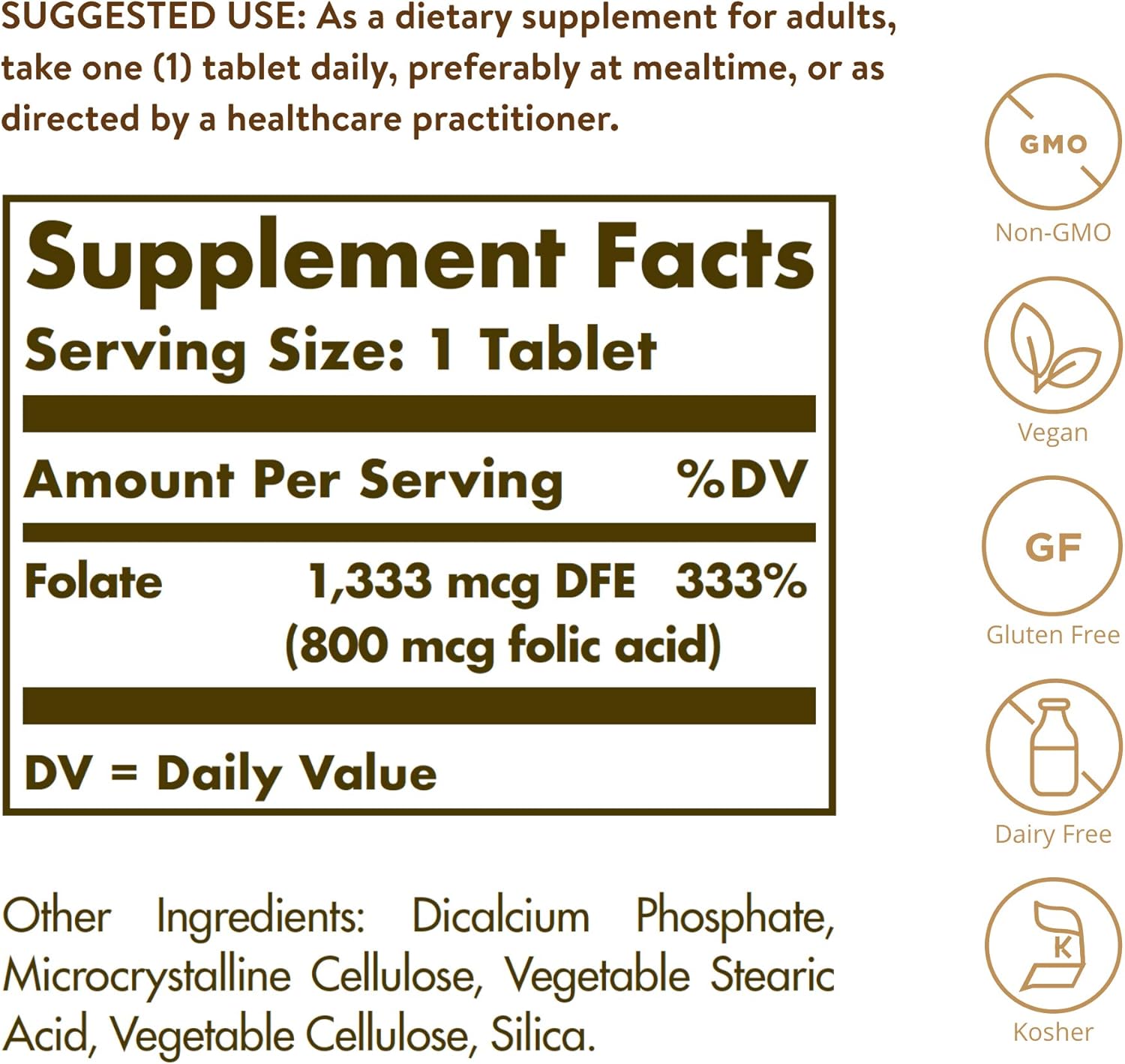 Solgar Folate 1,333 mcg DFE Tablets with 800 mcg Bio-Active Metafolin - Heart Health Support - Non-GMO, Vegan, Gluten Free, Dairy Free, Kosher - 100 Servings