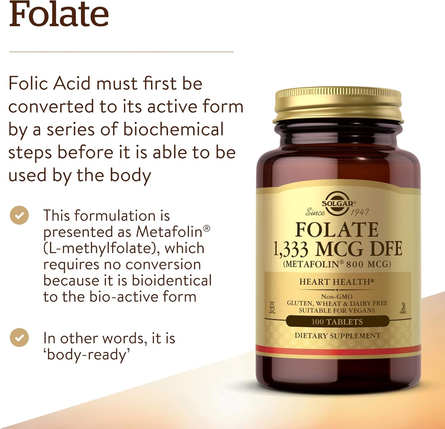 Solgar Folate 1,333 mcg DFE Tablets with 800 mcg Bio-Active Metafolin - Heart Health Support - Non-GMO, Vegan, Gluten Free, Dairy Free, Kosher - 100 Servings