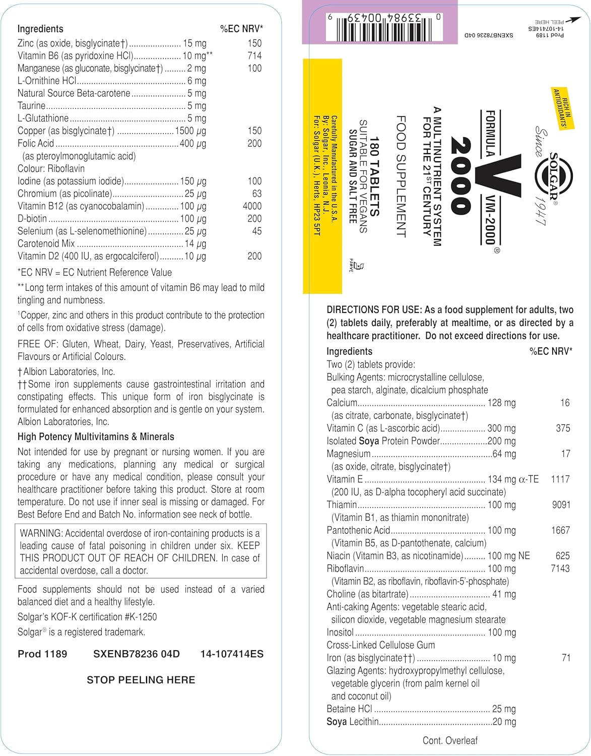 Solgar Formula VM-2000 Multinutrient System 180 Tablets - Premium Quality Multiple with Zinc - Supports Healthy Immune System - Vegan, Dairy Free, Kosher - 90 Servings