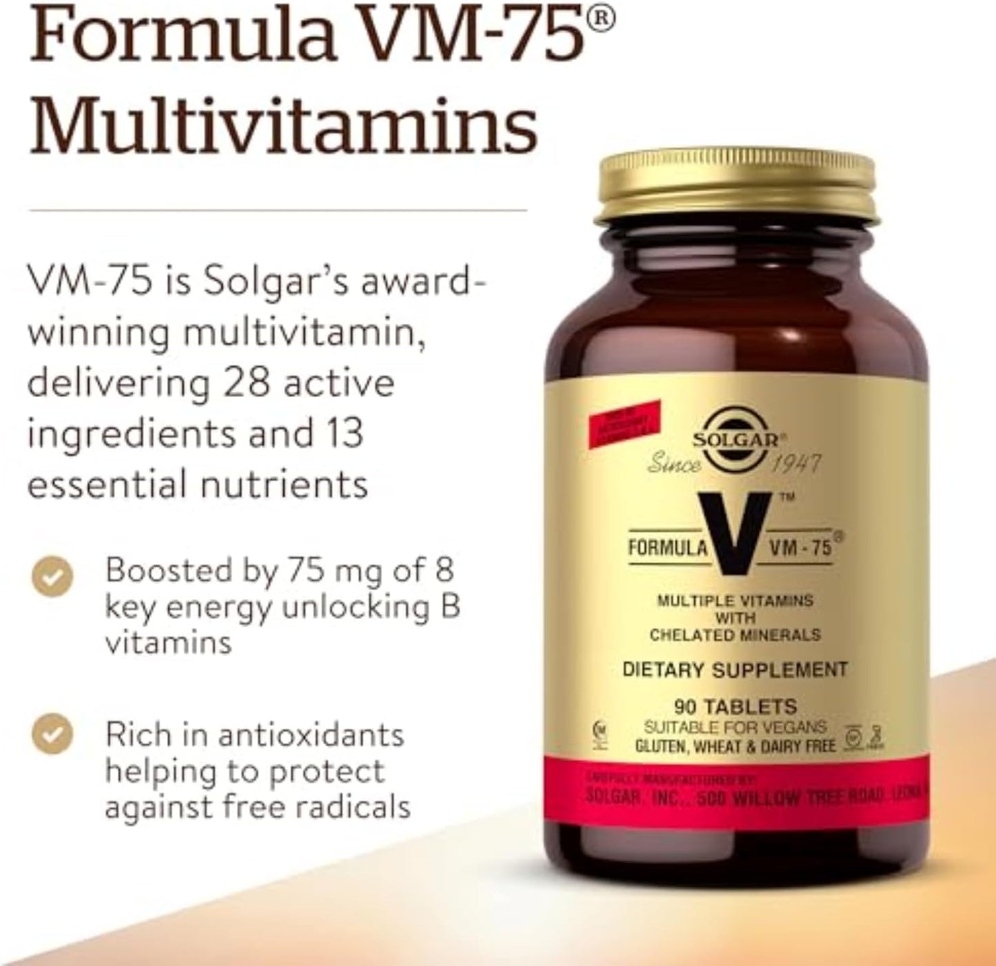Solgar Formula VM-75 Multivitamin Tablets with Chelated Minerals - Vegan, Gluten-Free, Dairy-Free, Kosher - 90 Servings