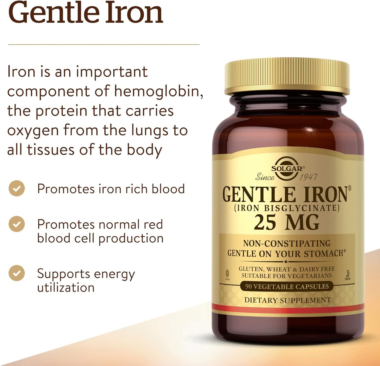 Solgar Gentle Iron 25mg Capsules - Promotes Energy and Red Blood Cell Production - Easy on Stomach - Non-GMO, Vegan, Gluten Free - 90 Servings