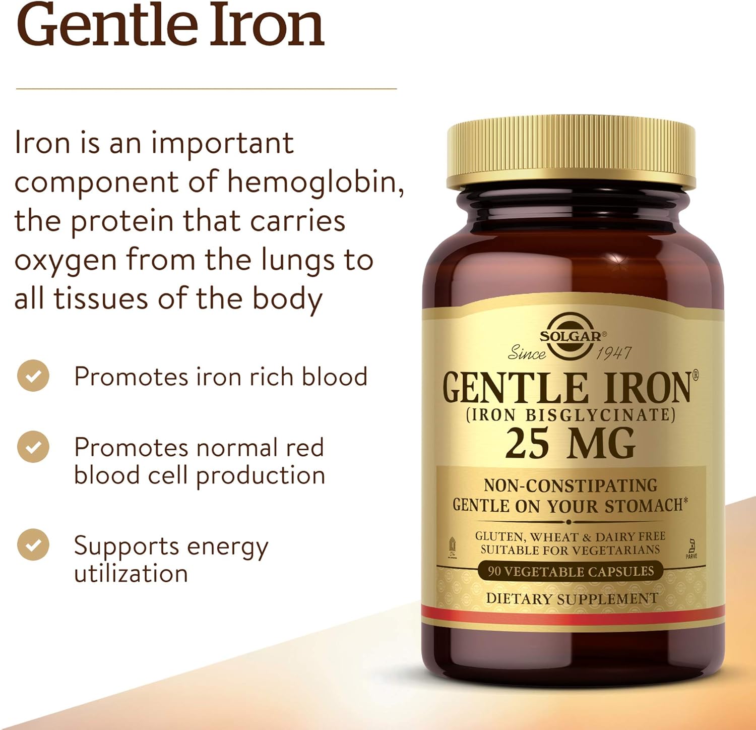 Solgar Gentle Iron 25mg Capsules - Promotes Energy and Red Blood Cell Production - Easy on Stomach - Non-GMO, Vegan, Gluten Free - 90 Servings