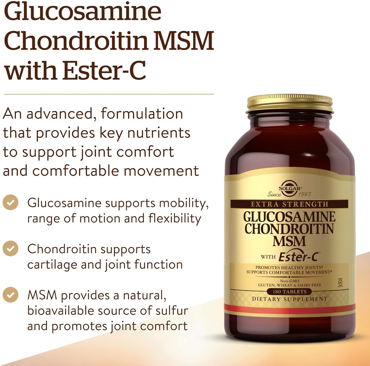 Solgar Glucosamine Chondroitin MSM with Ester-C Tablets - Supports Joint Health & Comfortable Movement - Non-GMO, Gluten Free, Dairy Free - 60 Servings