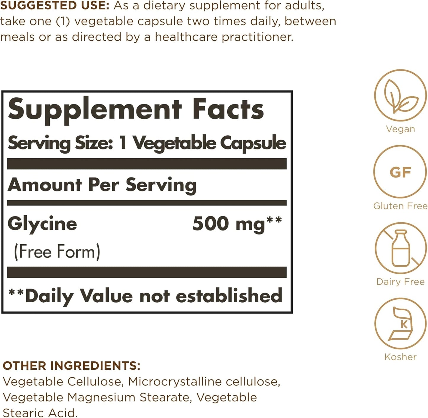 Solgar Glycine 500 mg Capsules - Non-GMO, Vegan, Gluten Free - 100 Servings