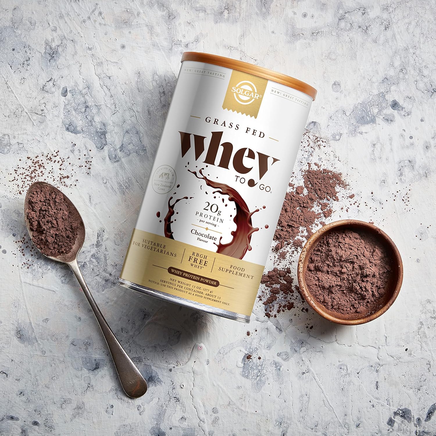 Solgar Grass-Fed Whey Protein Powder Chocolate 2.3lb - 20g Protein from New Zealand Cows - Supports Strength & Recovery - Non-GMO