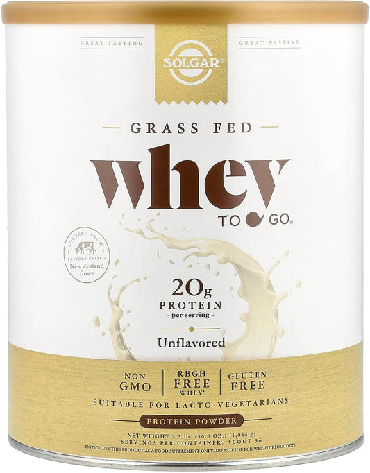 Solgar Grass Fed Whey Protein Powder Unflavored 2.3 lbs - 20g Protein New Zealand Cows - Strength & Recovery - Non-GMO