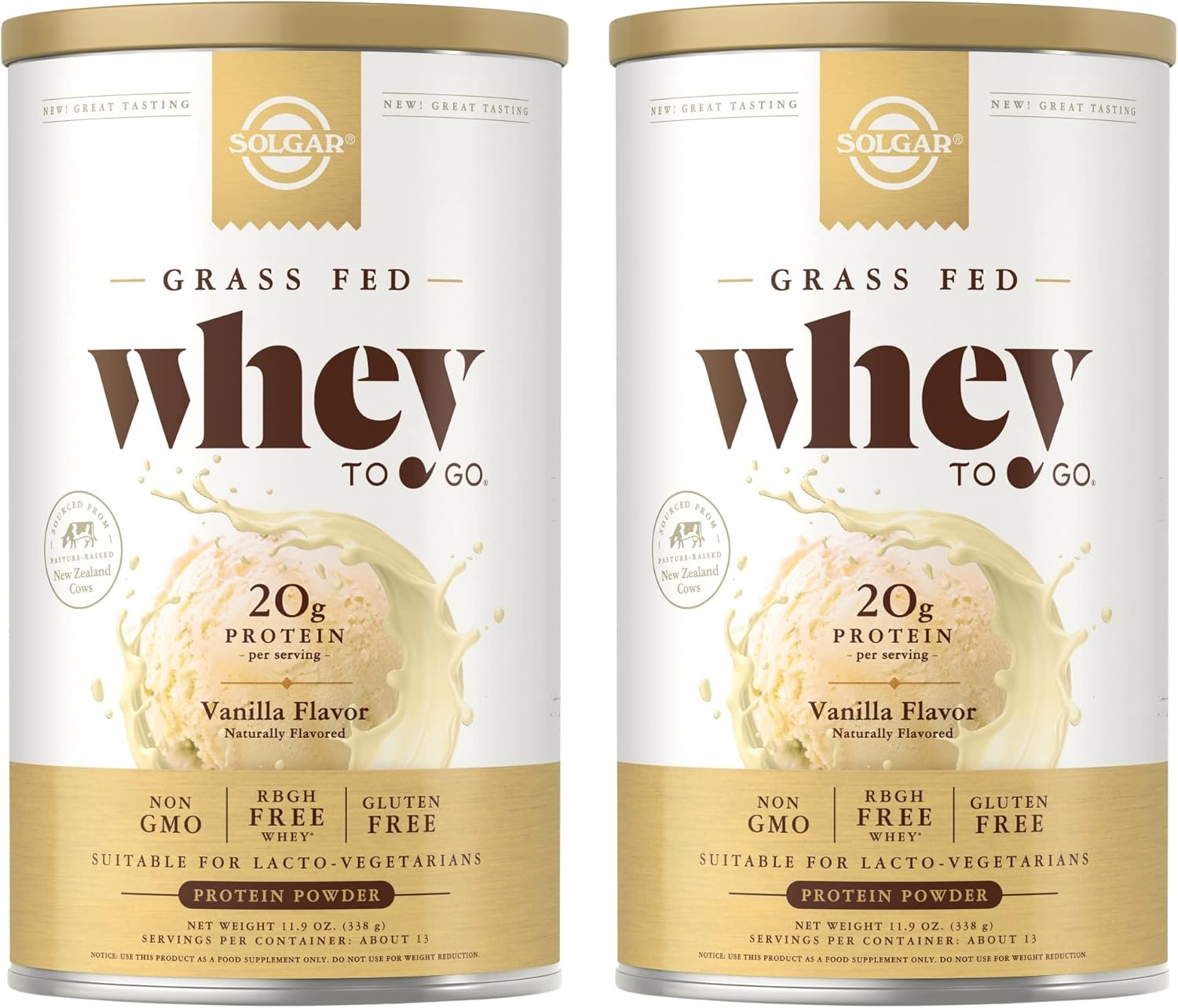 Solgar Grass-Fed Whey Protein Powder, Vanilla Flavor - 11.9 oz x 2 - Non-GMO, Gluten-Free, rBGH Free - 26 Servings