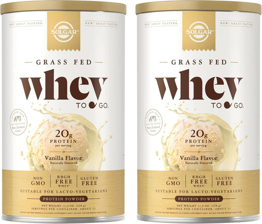 Solgar Grass-Fed Whey Protein Powder, Vanilla Flavor - 11.9 oz x 2 - Non-GMO, Gluten-Free, rBGH Free - 26 Servings