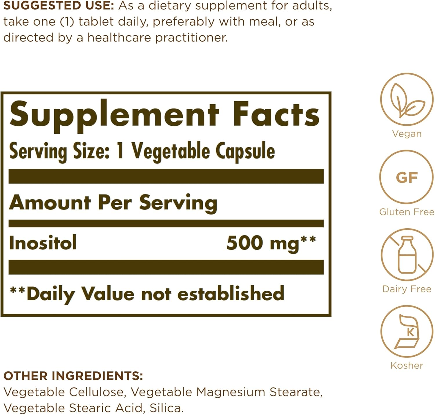 Solgar Inositol 500 mg Capsules - 100 Count - Promotes Cellular Function & Cognitive Health - Vegan, Gluten Free, Dairy Free, Kosher - 100 Servings