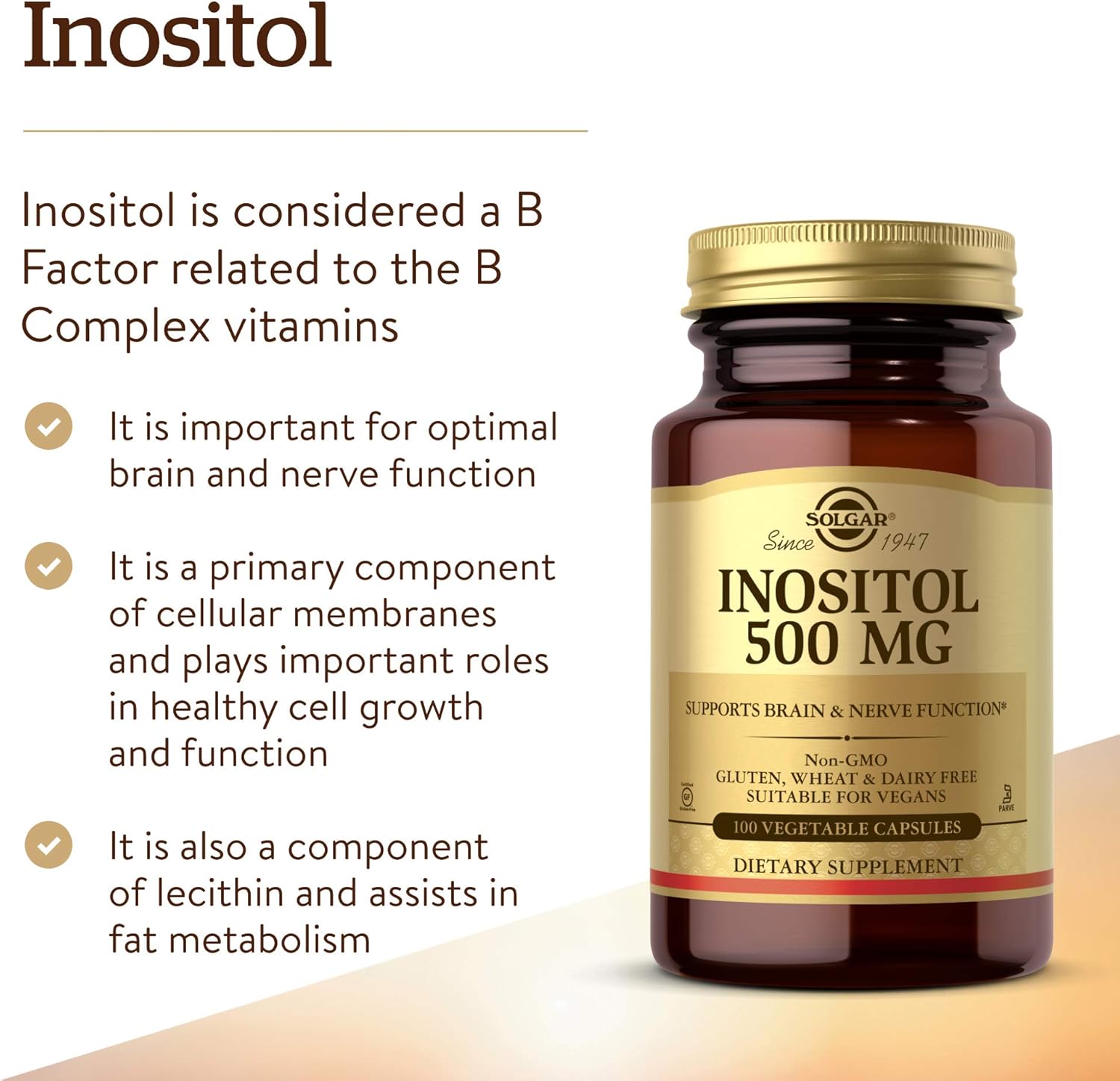 Solgar Inositol Vegetable Capsules - 500 mg, 100 Count - Natural Mood Support Supplement
