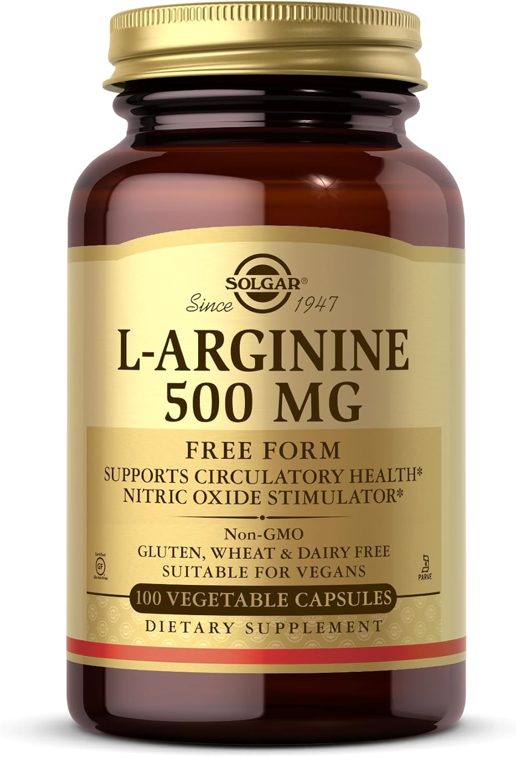 Solgar L-Arginine 500mg Capsules - Nitric Oxide Booster - Non-GMO, Vegan, Gluten Free - 100 Servings