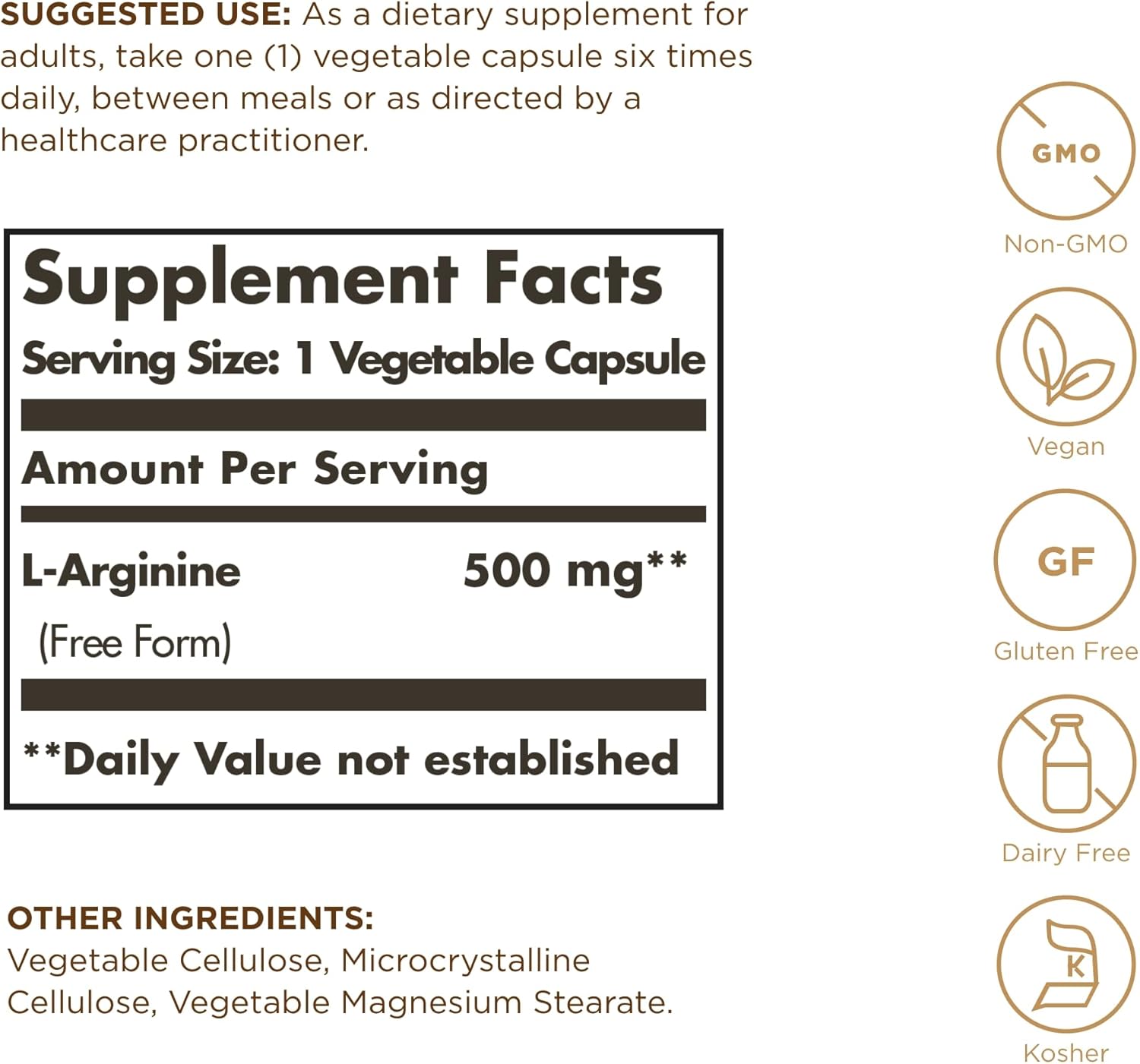 Solgar L-Arginine 500mg Capsules - Nitric Oxide Booster - Non-GMO, Vegan, Gluten Free - 100 Servings